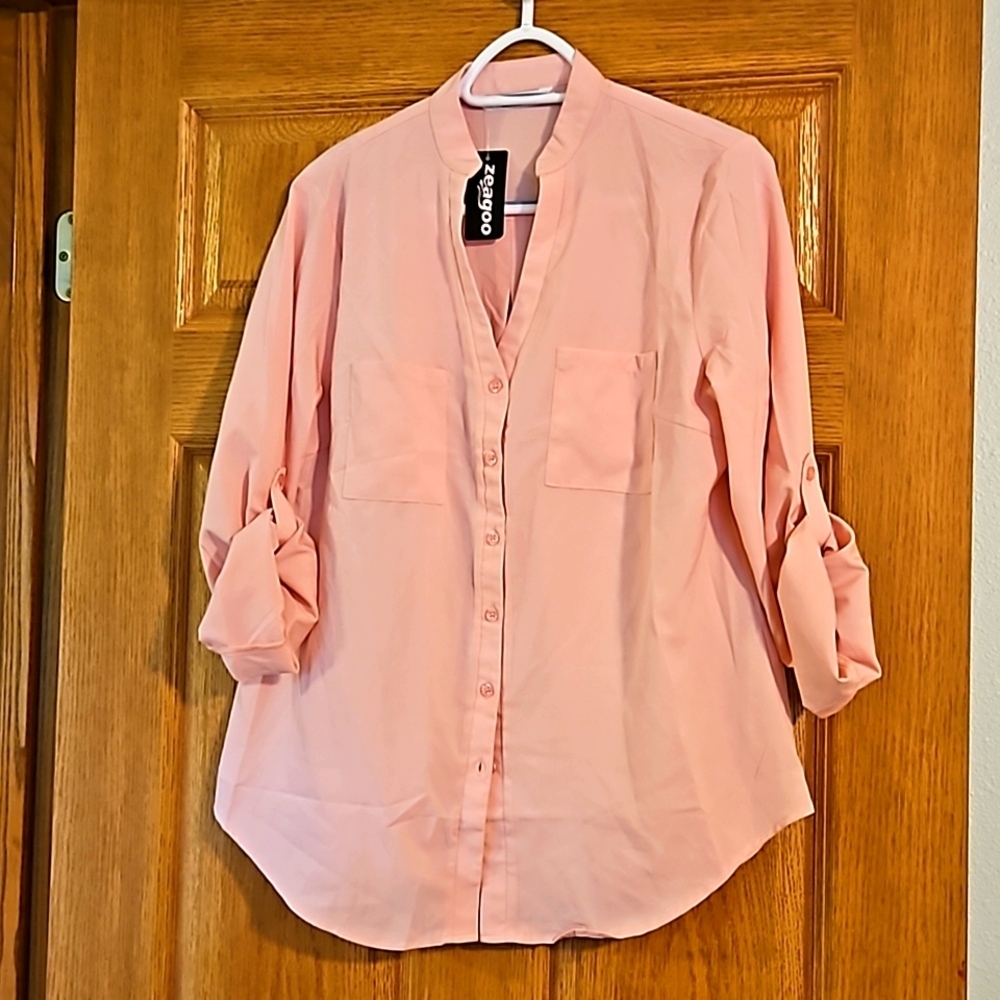 NWT Zeegoo L silky feel pink V Neck Button Down casual top with front pockets
